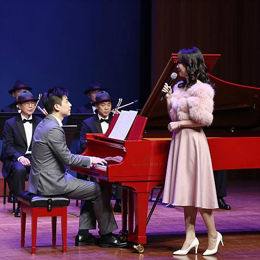 Duet Performance with Red Piano on Stage