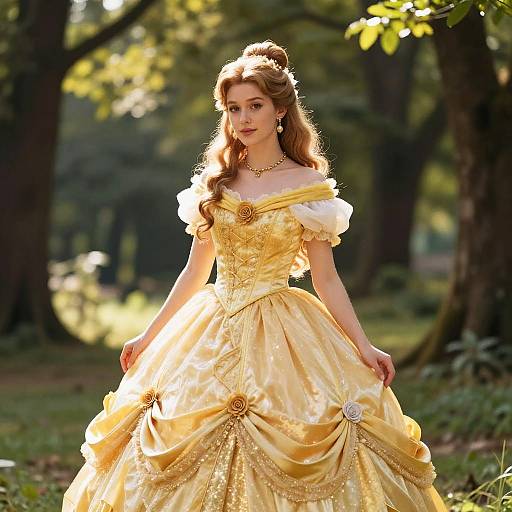 Photograph of a fair-skinned, red-haired woman in a golden, off-shoulder, Victorian-style ball gown with intricate embroidery, standing in