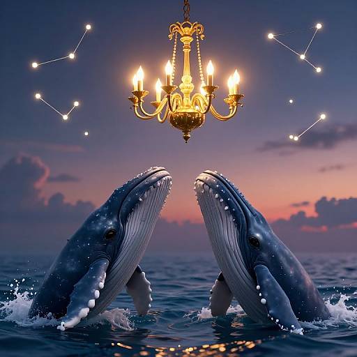 Photograph of two blue whales with open mouths, emerging from ocean under a glowing golden chandelier with constellation lights. Sunset sky in background.