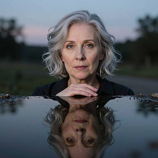 Photograph of an elderly woman with short, wavy gray hair, reflective surface in front, hand resting on it, twilight background.