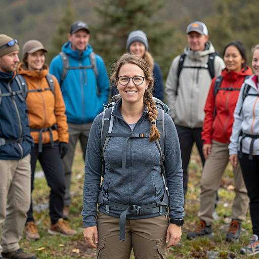 Photograph of a smiling, glasses-wearing, brunette woman with a backpack in front of a group of hikers in outdoor gear, standing on a