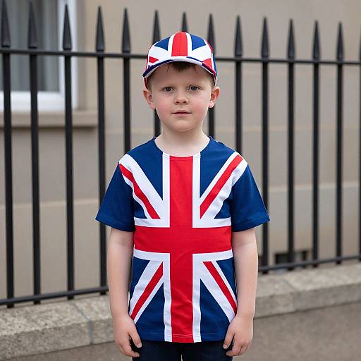 Photograph of a young boy wearing a Union Jack shirt and matching cap, standing in front of a black iron fence.