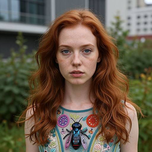 Photograph of a fair-skinned, red-haired woman with freckles, wearing a colorful, insect-patterned top, standing outdoors with blurred green