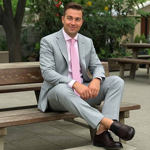 Photograph of a smiling man with short brown hair, wearing a light gray suit, pink tie, white shirt, and black loafers, sitting on