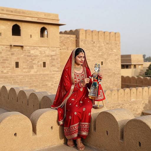 Photograph of a South Asian woman in a vibrant red traditional saree with gold embroidery, standing on a sandstone fort wall, holding a decorated dagger