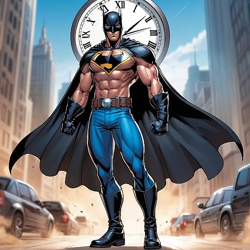 Muscular Superhero Standing with Clock Background