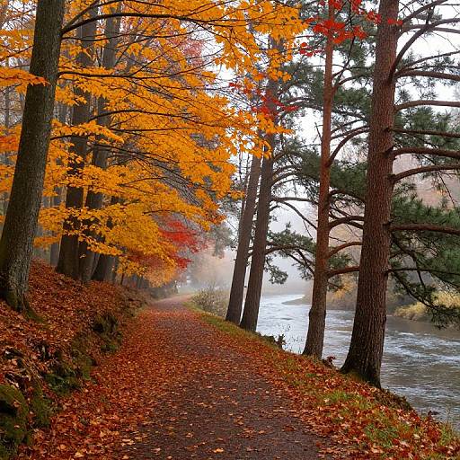 Photograph of a winding forest path covered in fallen orange and red leaves, flanked by tall trees, leading to a misty river. Autumn scenery