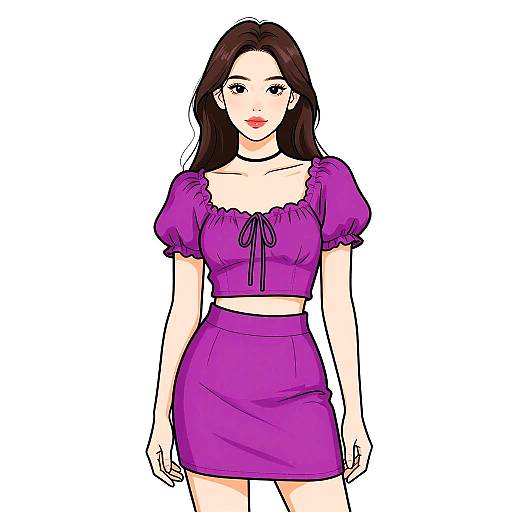 Digital illustration of a fair-skinned woman with long brown hair, wearing a purple cropped top and matching skirt, standing against a white background.
