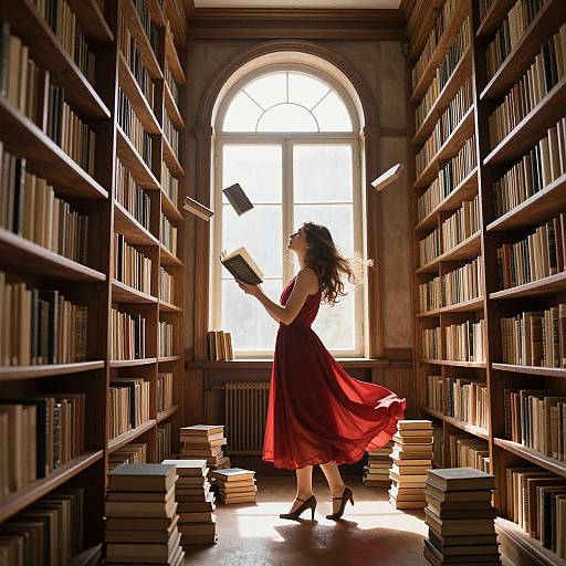 Photograph of a woman in a flowing red dress, dancing through a sunlit library aisle, books stacked on the floor, books flying in the air