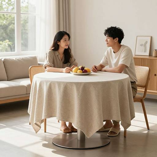 Photograph of a sunlit room showing an Asian couple with medium skin tones, seated at a round table with a white cloth, sharing a plate of