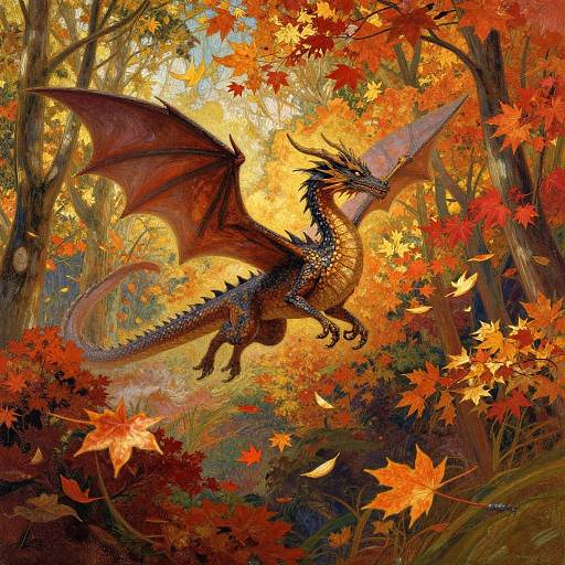 Digital fantasy artwork of a vibrant, red-scaled dragon with large wings, leaping through a colorful autumn forest filled with falling leaves.