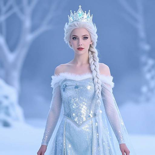 Digital art of a fair-skinned, blue-eyed woman with long white braid, wearing a silver sequined off-shoulder gown, white fur