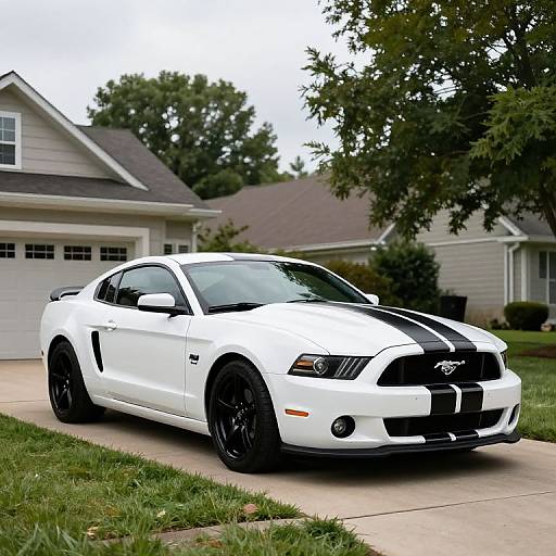 Photograph of a white Ford Mustang with black stripes and black wheels parked on a suburban driveway, with a house and trees in the background.