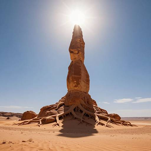 Photograph of a tall, narrow sandstone rock formation with extensive exposed roots, standing in a sunlit, orange desert under a clear blue sky.