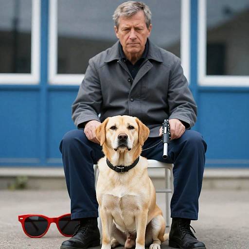 Focused Man with Dog in Urban Setting