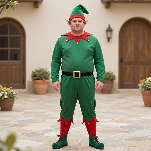 Photograph of a man in a green elf costume with red collar, red tights, black belt, and pointy hat, standing on a tiled
