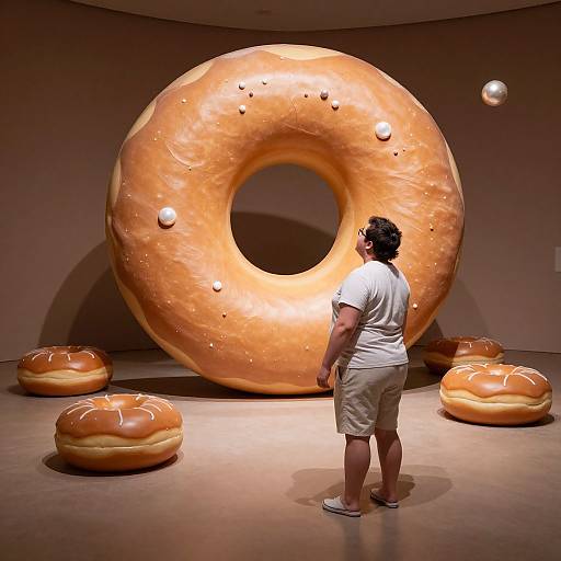 Obese Man Marvels at Donut Sculpture