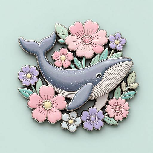 Colorful digital illustration of a blue and white cartoon whale surrounded by pink, purple, and white flowers with green leaves.