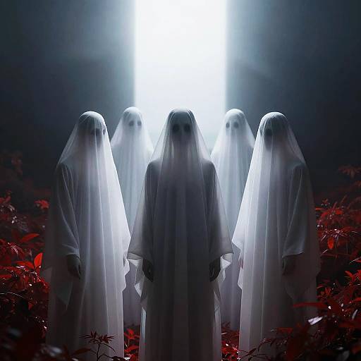 Ethereal White-Robed Figures in Red Mist