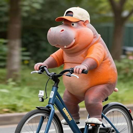Photograph of a cartoon hippo in an orange shirt and beige cap riding a black Giant bicycle on a street.