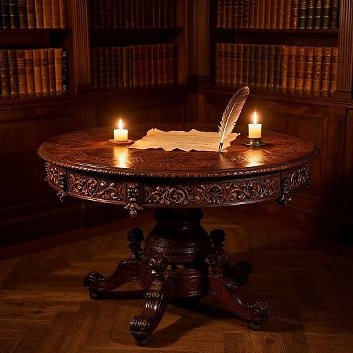 Photograph of an ornate, dark wooden table with intricate carvings, candlelit, holding a feather on parchment in a dimly lit library