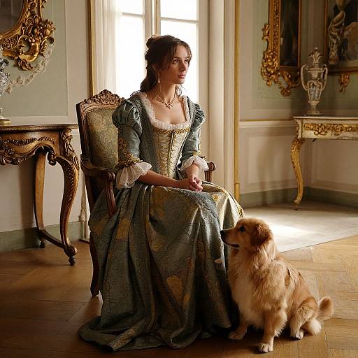 Photograph of a woman in a Renaissance-style blue dress with puffed sleeves, sitting in an ornate room, sunlight streaming in, a fluffy brown