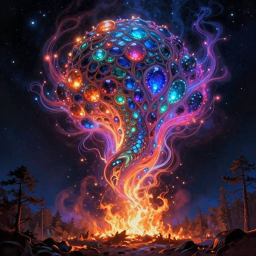 Digital artwork of a fiery, glowing, multi-colored cosmic sphere with swirling tendrils, emerging from a blazing fire in a dark, starry forest night
