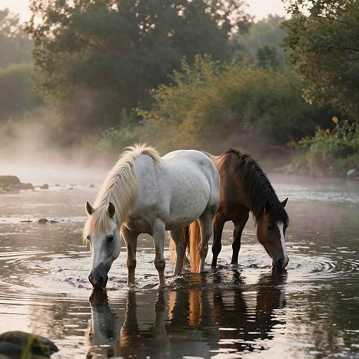 Photograph of a white horse and a brown horse standing in a shallow river, grazing with misty forest background at sunrise.