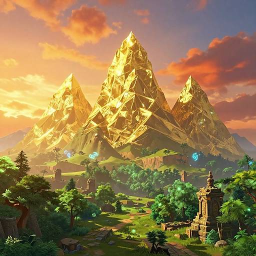 Photorealistic digital artwork of a sunlit, golden-tinged mountain range with glowing blue orbs, ancient ruins, lush greenery, and vibrant