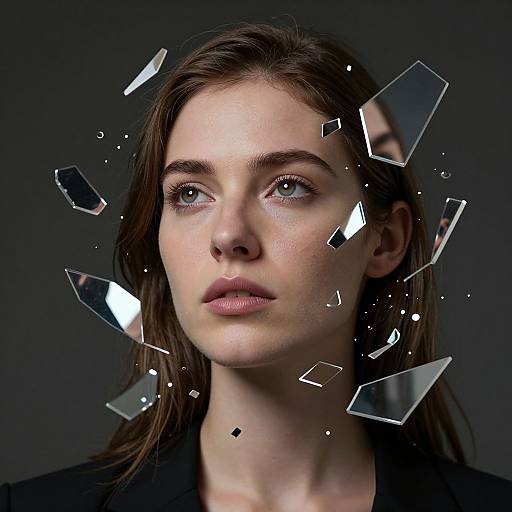 Photograph of a young woman with fair skin, brown hair, and blue eyes, surrounded by floating glass shards against a dark background.