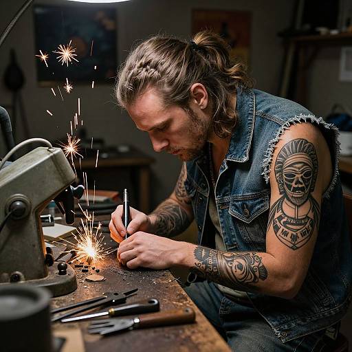 Photograph of a bearded man with long hair, wearing a denim sleeveless shirt, tattooed arms, and sparks flying from a welding torch in