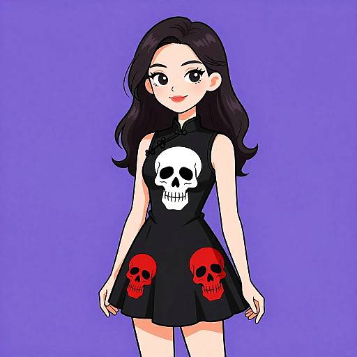 Digital anime-style drawing of a smiling young woman with long black hair, wearing a black dress with a skull and red skull prints, against a solid purple
