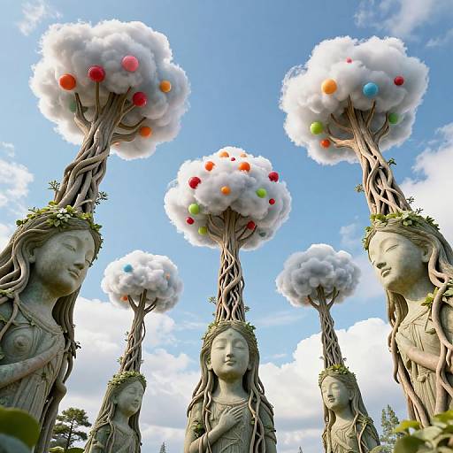 Photograph of four stone statues with long hair, crowned with flowers, holding tall trees with cloud-topped, multicolored fruit against a bright blue