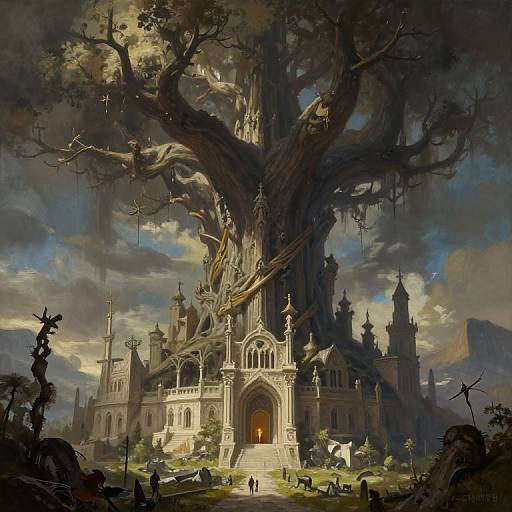 Fantasy digital painting of a grand, gothic cathedral with towering, twisted tree merging into its structure, surrounded by graveyards and silhouetted