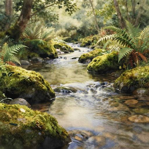 Photograph of a serene forest stream, sunlight filtering through trees, moss-covered rocks, and ferns, with gentle, clear water flowing.