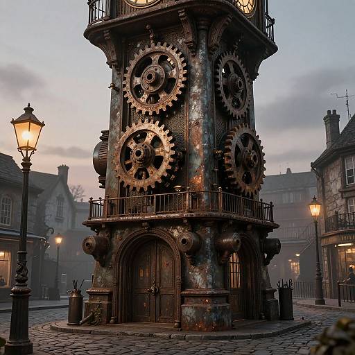 Steampunk clock tower with large, intricate gears and rusty textures in a dimly lit, foggy, cobblestone street at dusk.