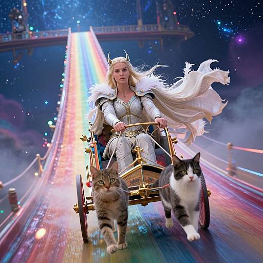 Digital art: Blonde woman with horns in white armor, long flowing hair, driving golden chariot with two cats, on starry, neon-lit