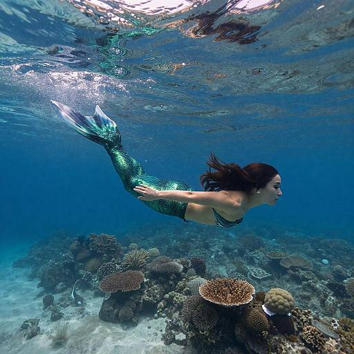Sunlit Underwater Mermaid in Green Tail
