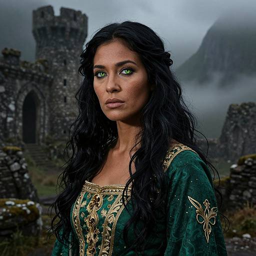 Photograph of a woman with long black hair, green eyes, and dark green, gold-embroidered medieval dress, standing in a misty