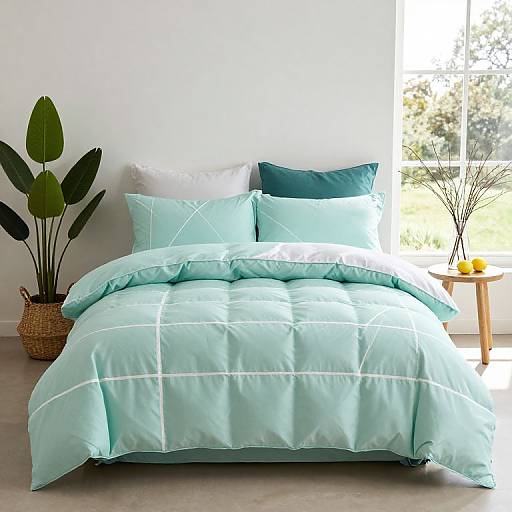 Photograph of a neatly made bed with light turquoise quilted bedding, white pillows, and teal accent pillows, beside a potted plant and window with