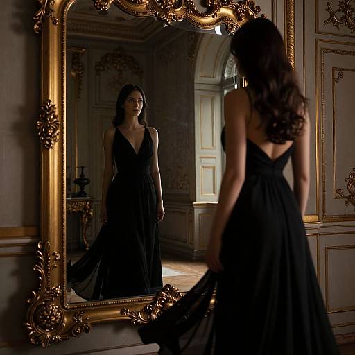 Photograph of a woman with long, wavy brown hair, wearing a black, V-neck gown, standing in front of an ornate gold-fr