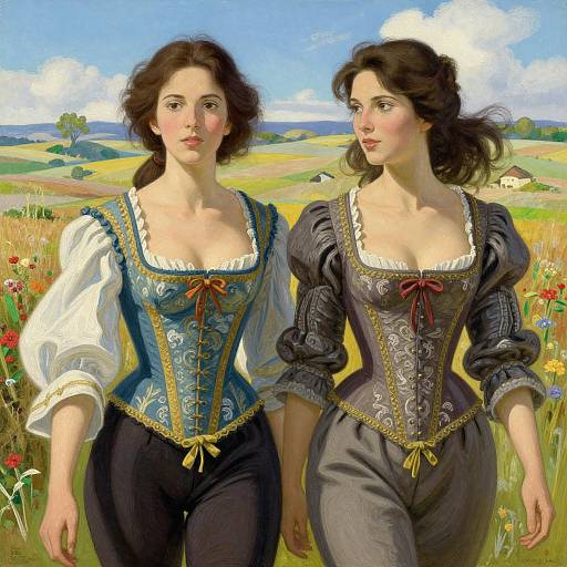 Digital painting of two young women in 16th-century Renaissance dresses, walking through a vibrant, flower-filled meadow with rolling hills.