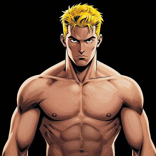 Digital drawing of a muscular, shirtless man with yellow spiked hair, intense blue eyes, and defined abs against a black background.