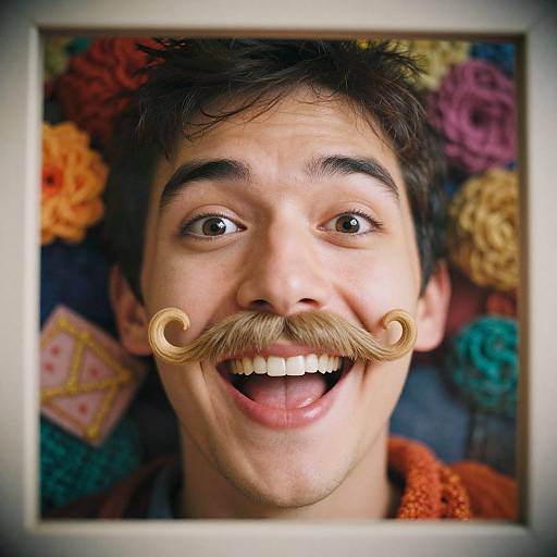 Photograph of a smiling young man with dark hair and a curled mustache, surrounded by colorful crochet flowers, framed photo.