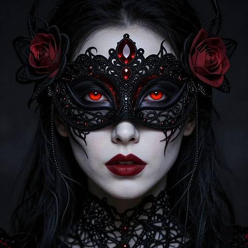 Digital gothic portrait of a pale woman with red eyes, black lace mask, red roses, dark hair, and red lipstick.