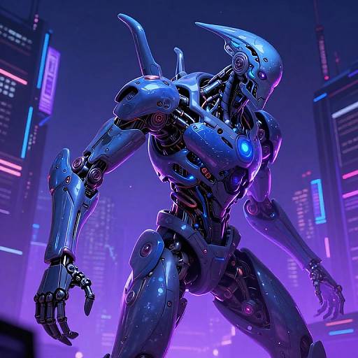 Cybernetic warrior in a neon-lit cityscape, glowing blue accents, metallic blue body, sharp features, futuristic, vibrant purple and pink