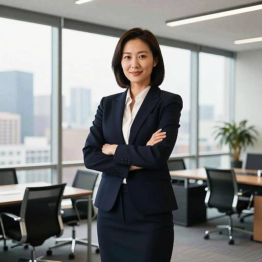 Photograph of confident Asian woman in black suit and white blouse, standing with arms crossed in modern, sunlit office with large windows.