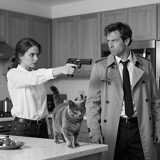 Dramatic Standoff in a Kitchen Scene