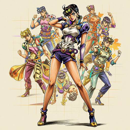 Digital anime-style illustration featuring a confident, dark-haired woman in a white top, blue shorts, and boots, surrounded by colorful, dynamic characters in various
