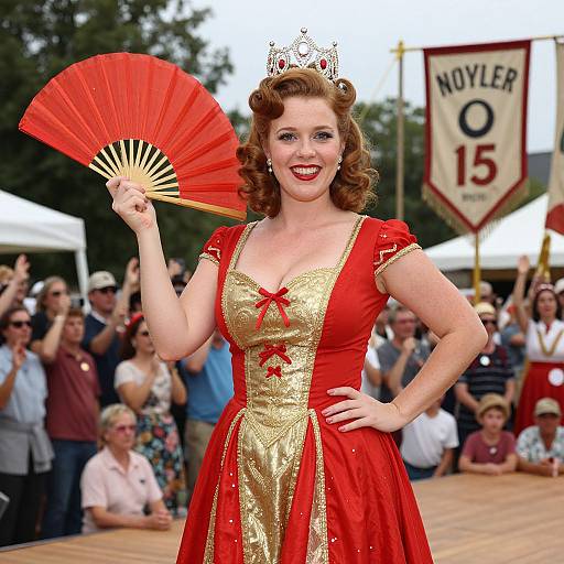 Photograph of a fair-skinned, red-haired woman in a vintage red and gold dress, holding a red fan, smiling outdoors at a parade with